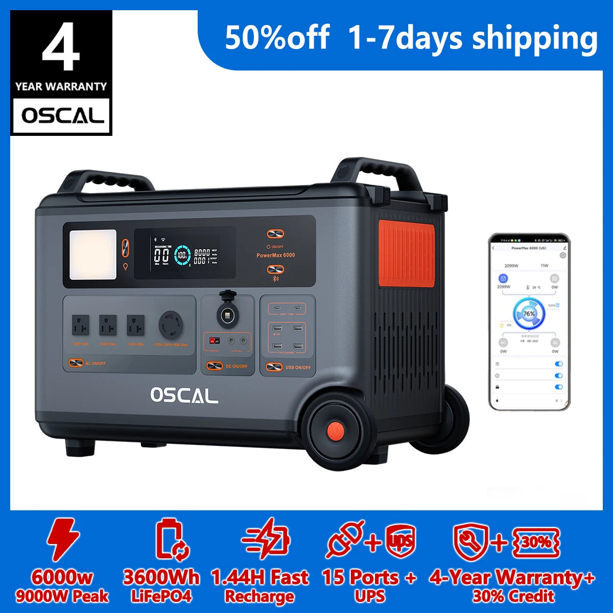 OSCAL PowerMax 6000 Solar Generator With LiFePO4 Battery Station