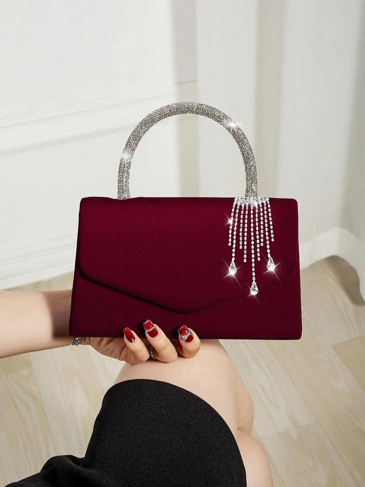Velvet Envelope Clutch With Rhinestone Tassel And Crossbody Chain