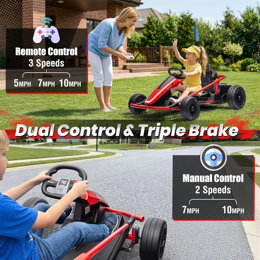 24V Kids Electric Go Kart Dual Motor Ride On Car with Remote Control, 5-10MPH 3 Speed Drift Kart for Kids, Bluetooth Music LED Lights, Max Load 135Lbs Outdoor Ride On Toy Vehicle Gift