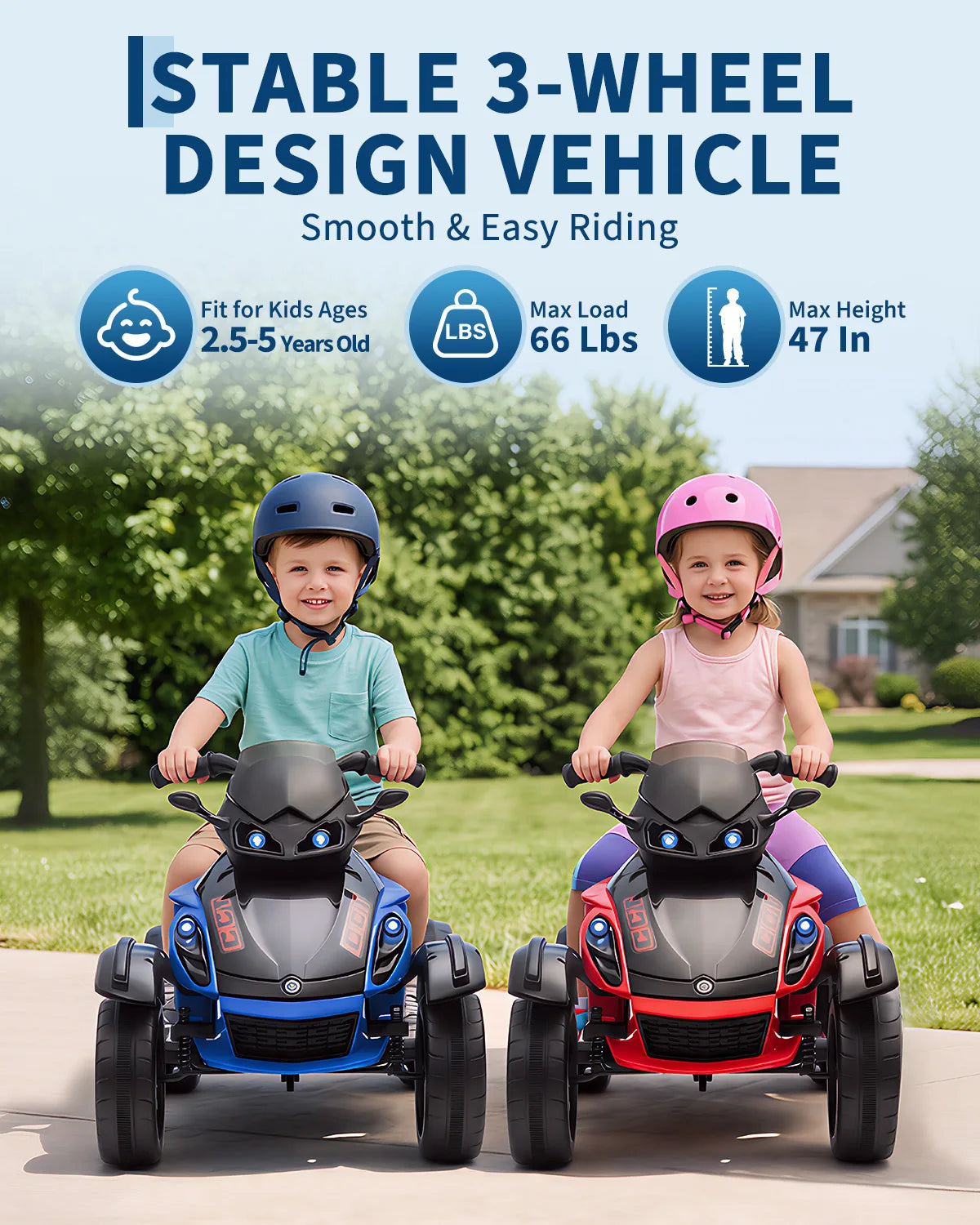 12V Kids Ride-On ATV 3-Wheel Electric Motorcycle - Battery Powered Ride-On Toy - LED Lights & Music - Treaded Tires for Outdoor Off-Road - Ages 3-8