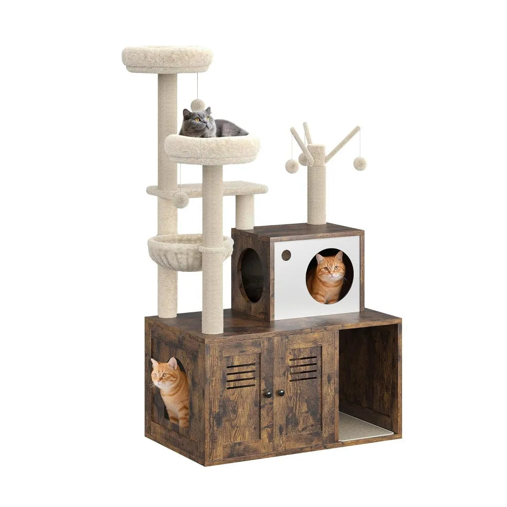 Modern Cat Tower With Integrated Litter Box Enclosure And Hammock