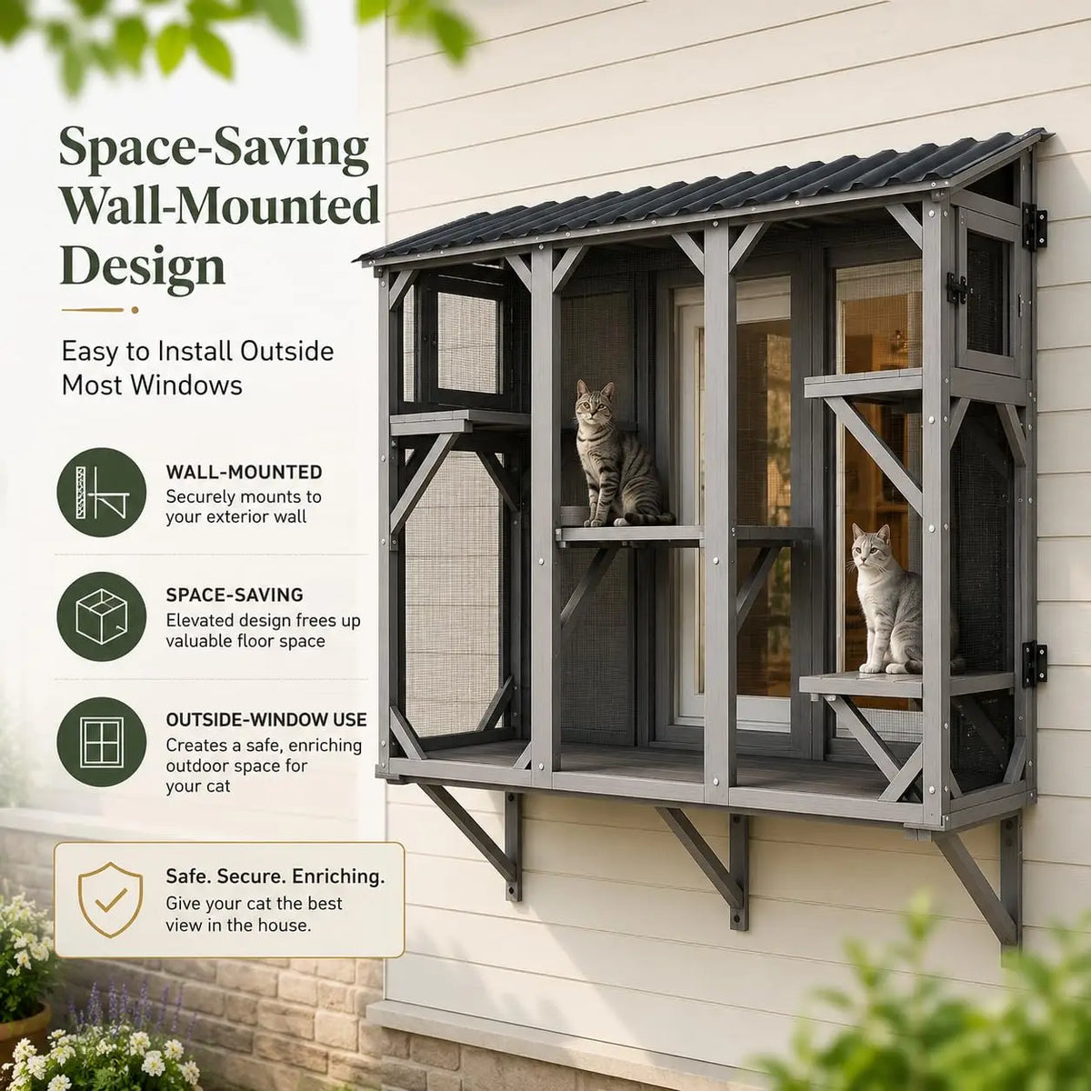 HiMISS Wooden Window Cat Enclosure With Durable Steel Mesh Roof
