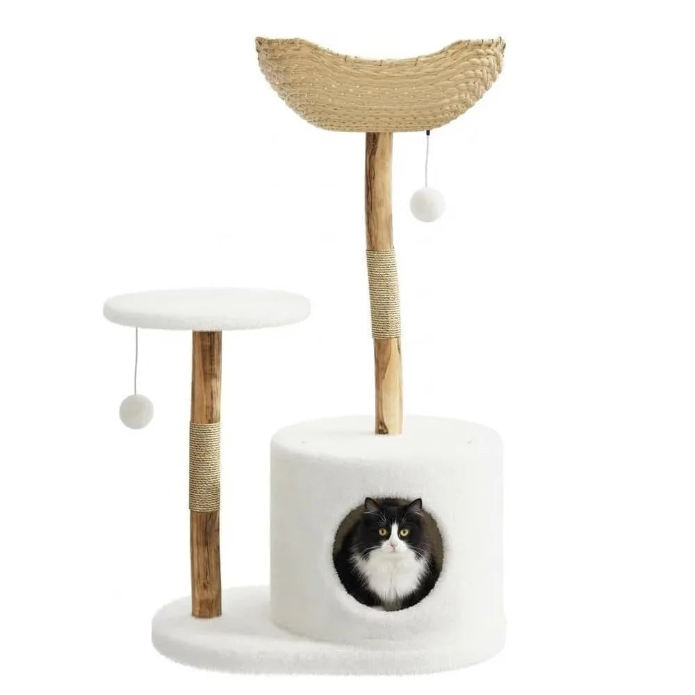 Indoor Wooden Cat Tree With Rattan Perches And Elevated Platforms
