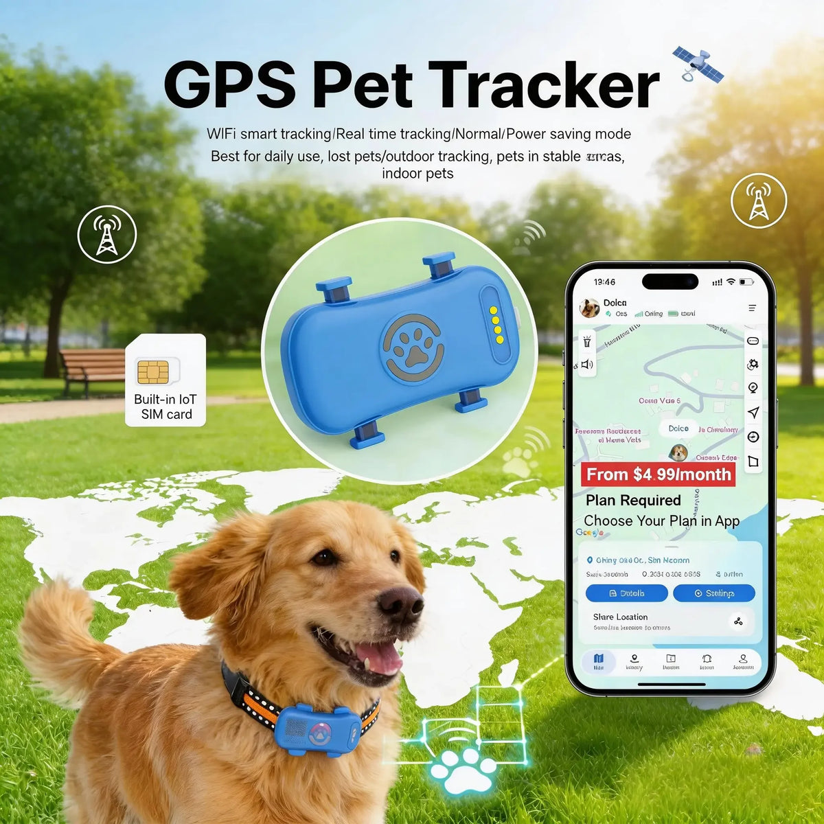 Wanwaytech 4G GPS Pet Tracker With Real-Time Tracking And Waterproof