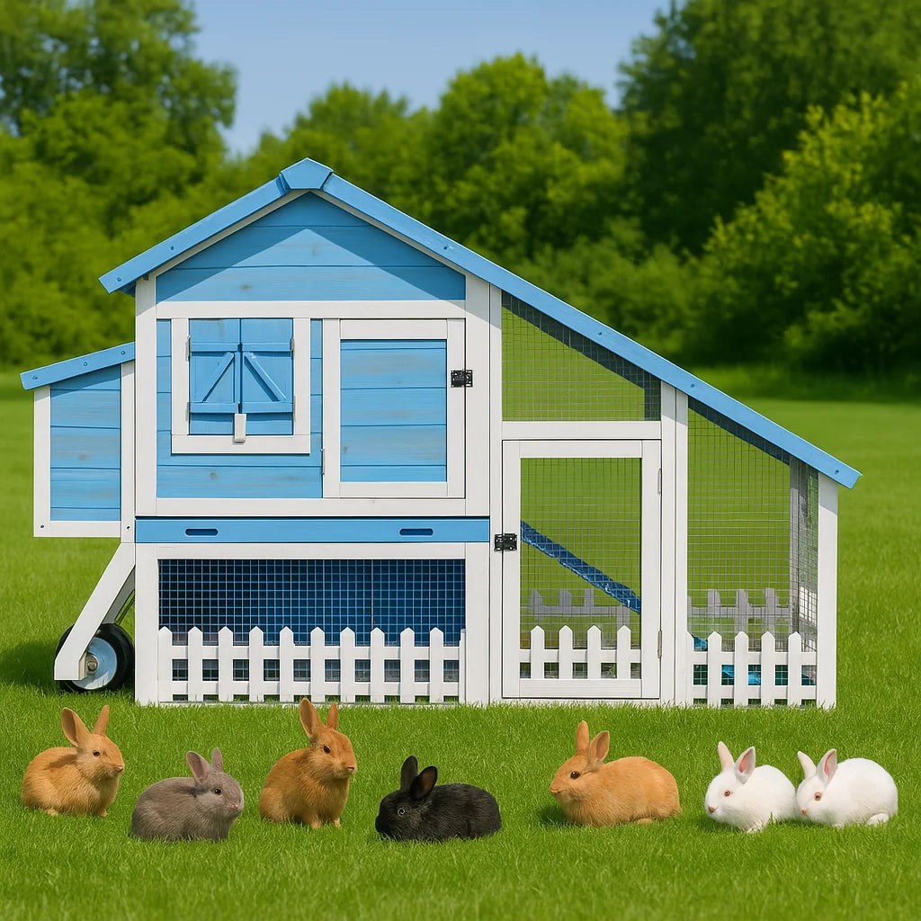 Wheeled Double Decker Rabbit Hutch With Wooden Outdoor Fence