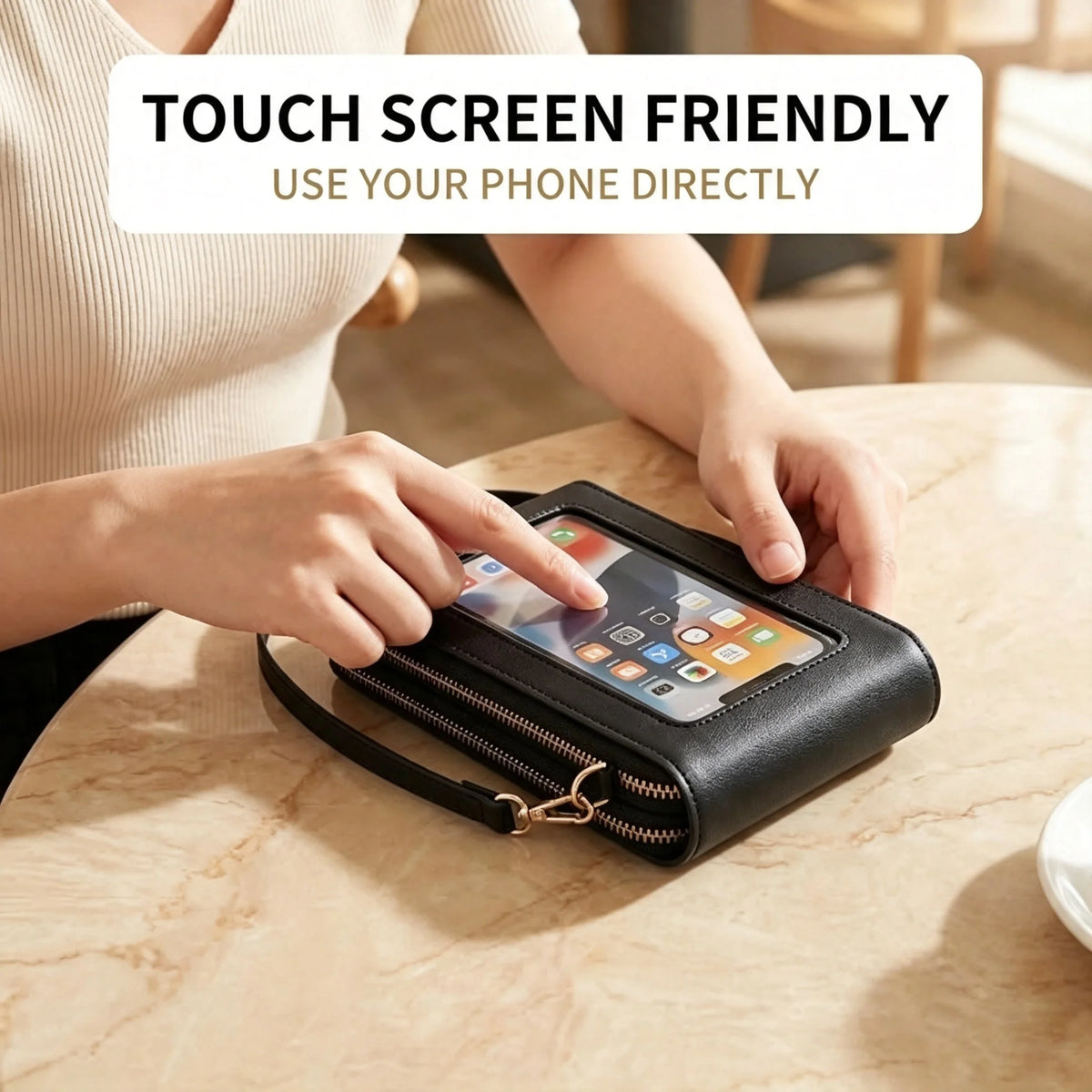 Touch Screen Cell Phone Crossbody Purse With Soft Leather Finish