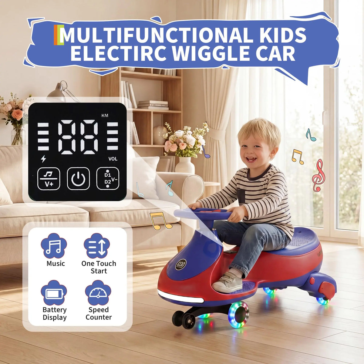 12V Electric Wiggle Car Kids With Pedal, 2 in 1 Rechargeable Ride On Swing Car, LED Wheels, Music, Touchscreen, 2 Speeds