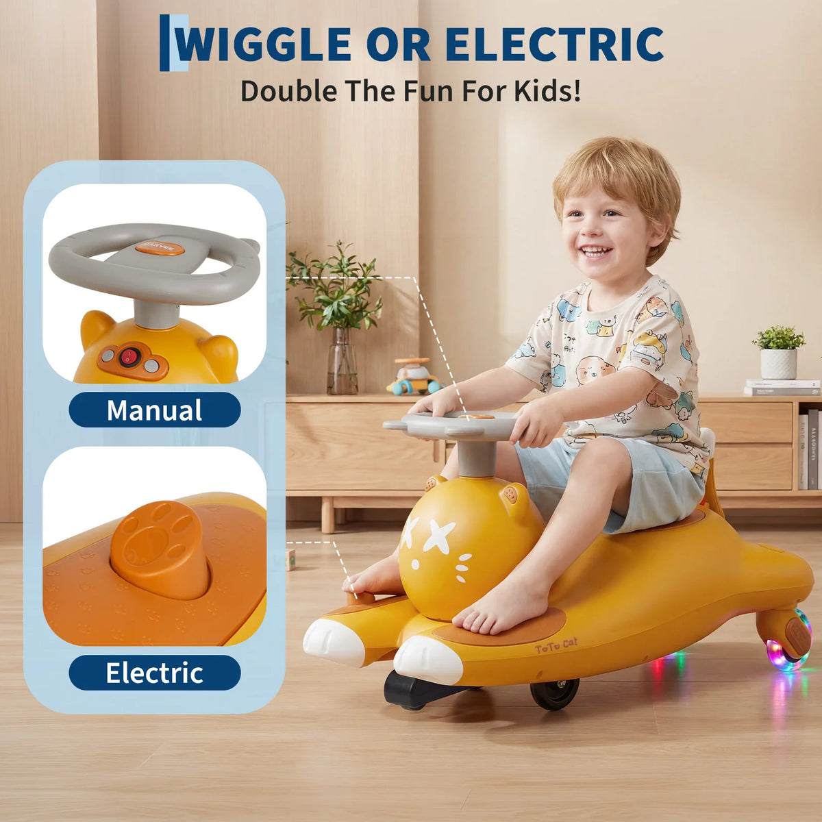 2-in-1 6V/12V Electric Wiggle Ride-On Car for Kids - Pedal Swing Car, 2 Speeds, 360° Steering, LED Flashing Wheels, wireless Music, Anti-Tip, Ages 3-6 - Mustard Yellow