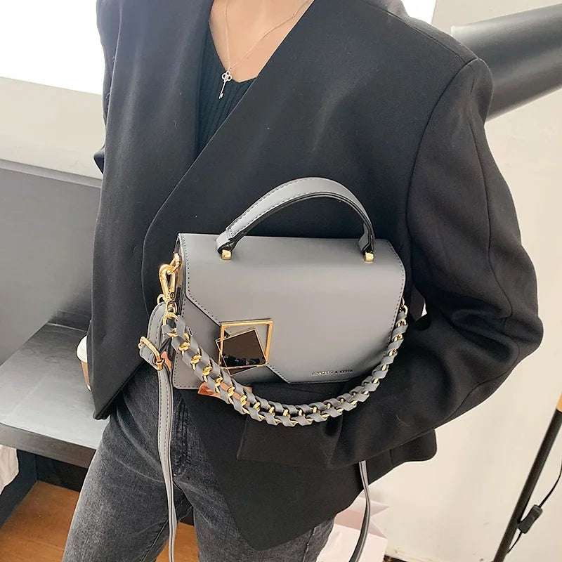 PU Leather Square Handbag With Chain Shoulder Strap Crossbody Bag