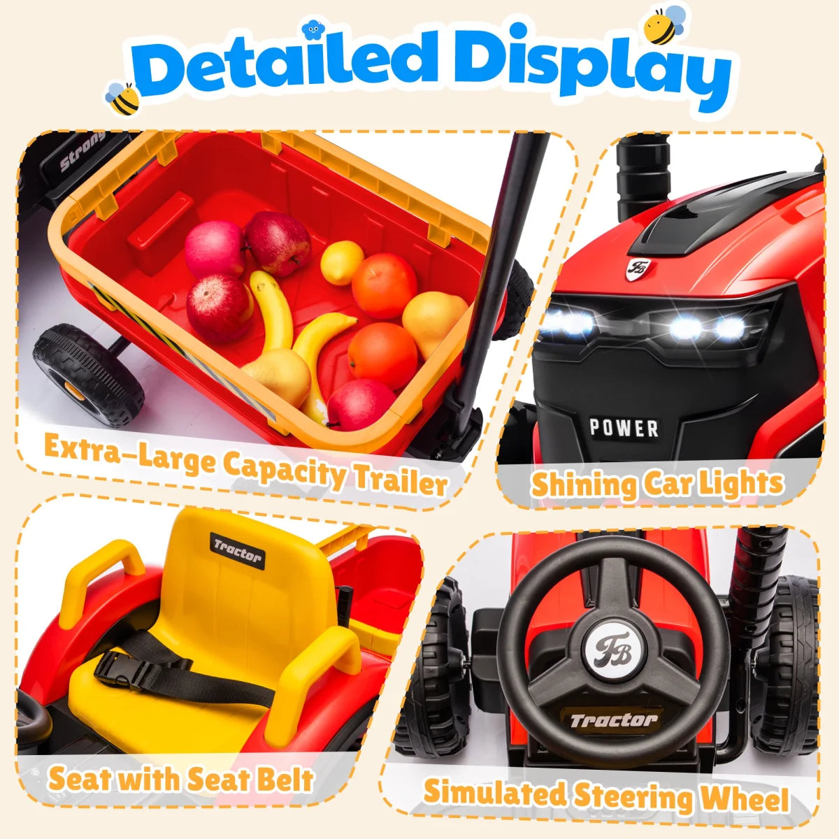 12V Kids Electric Ride On Tractor With Removable Trailer, Remote Control & Manual Drive 2 Modes, Bluetooth Music LED Light, Children Farm Ride‑on Car Toy Holiday Gift for Kids Boys Girls
