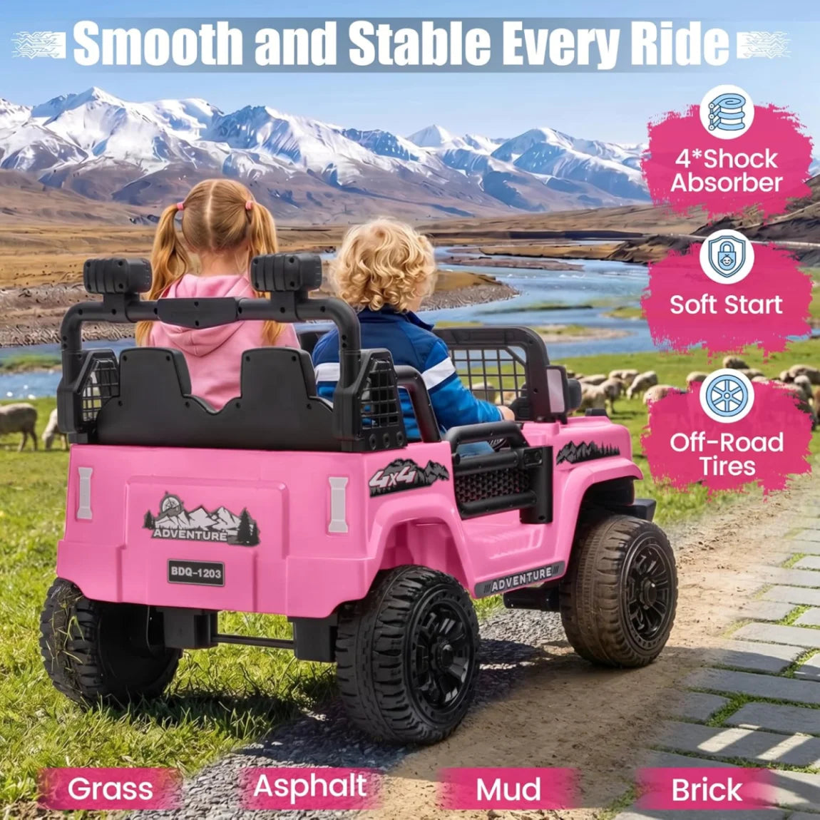 24V 2 Seater Kids Ride On Truck Off-Road Electric Vehicle with Parent Remote Control, 2-5MPH Ride On Car with Bluetooth Music LED Lights Shock Absorbers, Max Load 110Lbs Kids Toy Gift for Girls Boys