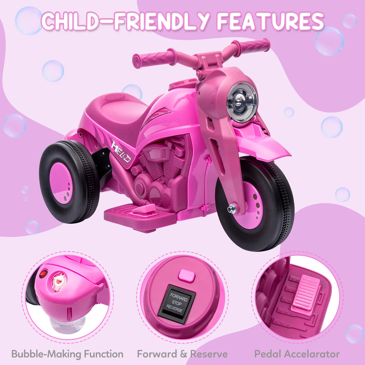 6V Kids Ride-on Bubble Motorcycle 3-Wheel Electric Toy w/LED Lights Music | 6V Rechargeable Battery, 1-Hour Playtime, Forward/Reverse Controls, LED Headlight, Music Player, 66lbs Capacity