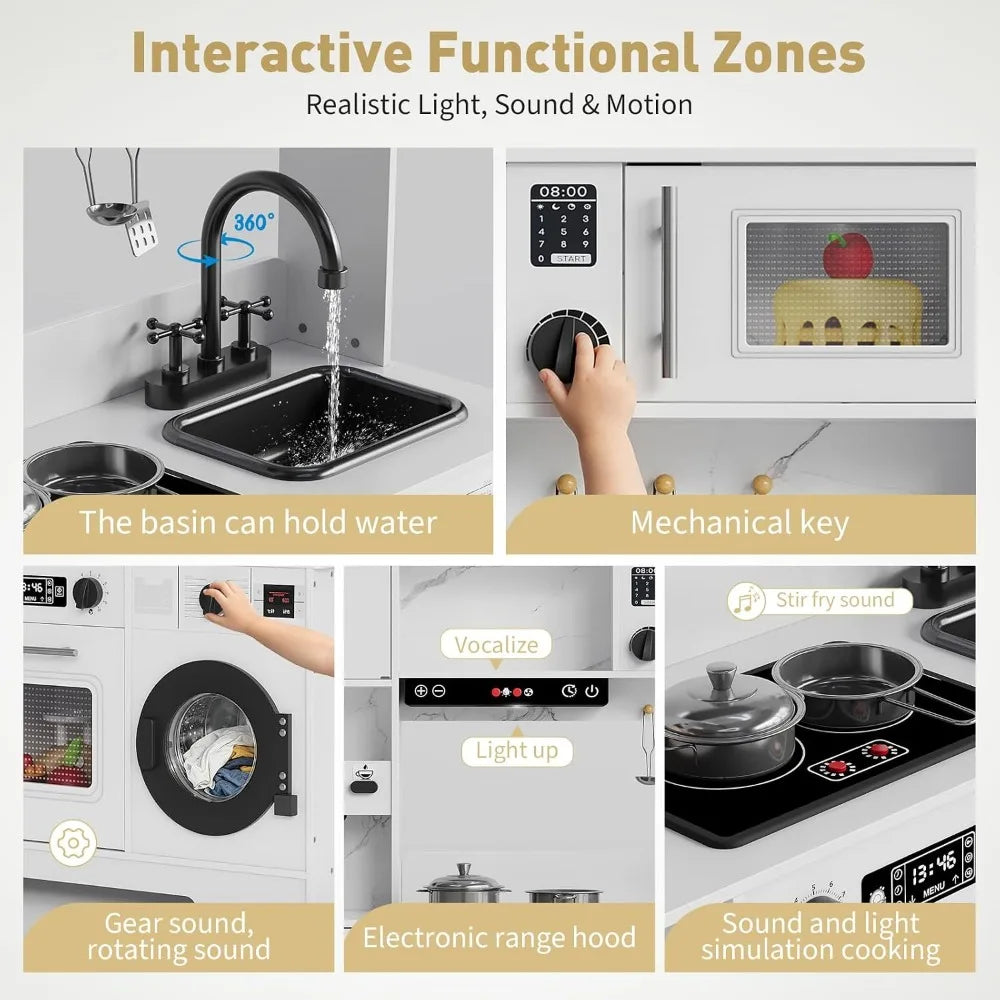 8-in-1 Wooden Play Kitchen Set For Kids gift With Lights Sounds, Ice Maker, Coffee Machine, Washer, 11 Accessories & Storage, Ages 3+