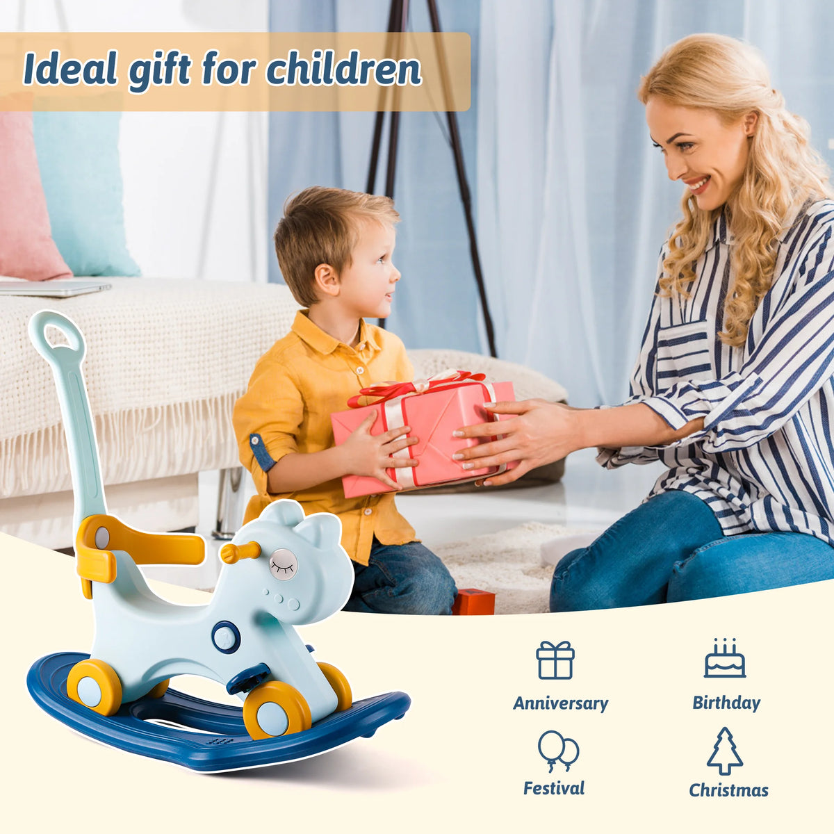4‑in‑1 Unicorn Rocking Horse for Toddlers 1‑3 Years Old, Baby Ride On Toy, Convertible Rocker & Sliding Car with Safety Backrest, Kids Indoor Play Toy for Boys Girls Birthday Christmas Gift