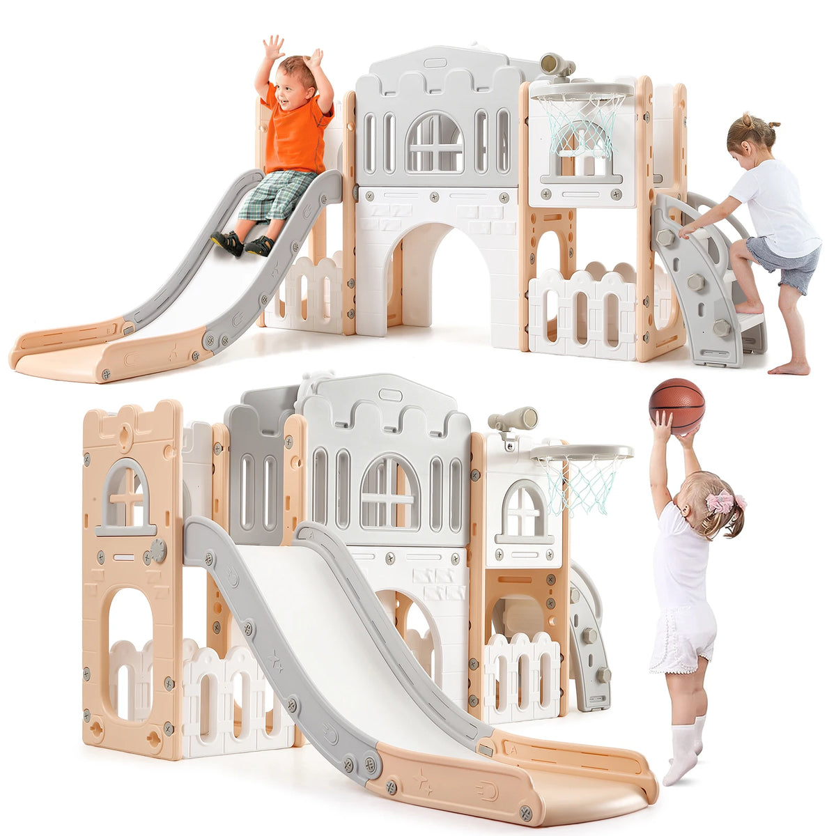 8 in 1 Toddler Slide Indoor Playground, Indoor Slide Toddler Playset for Toddlers Kids Outdoor Playground with Basketball Hoop,