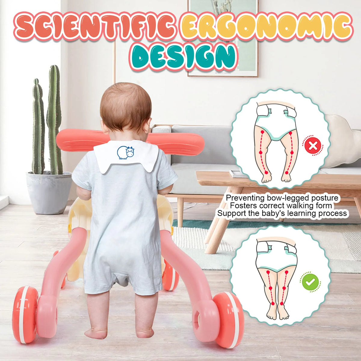 3-in-1 Multifunctional Scientific Early Learning Walking Cart, Toddler Assist Walking Interactive Push Toy with Soft Music, Adjustable Speed, Non-Slip Wheels & Educational Activity Center
