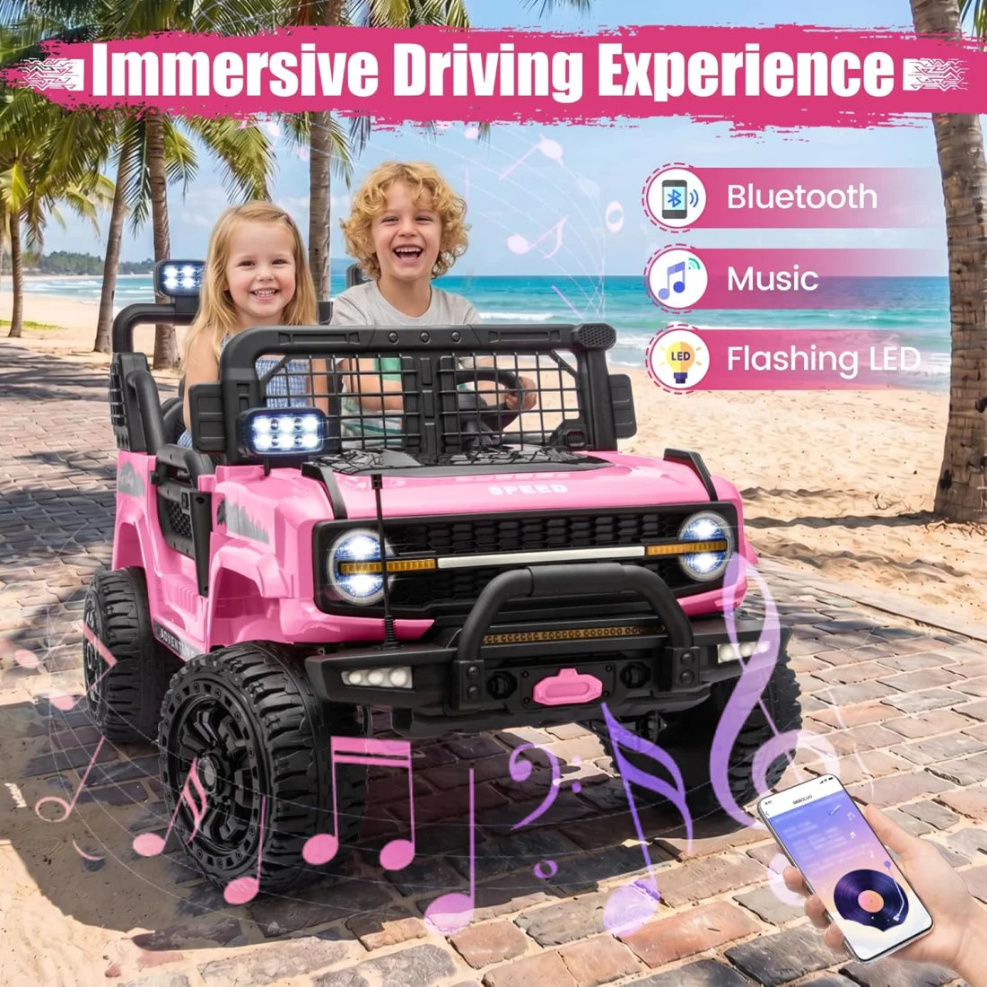 24V 2 Seater Kids Ride On Truck Off-Road Electric Vehicle with Parent Remote Control, 2-5MPH Ride On Car with Bluetooth Music LED Lights Shock Absorbers, Max Load 110Lbs Kids Toy Gift for Girls Boys