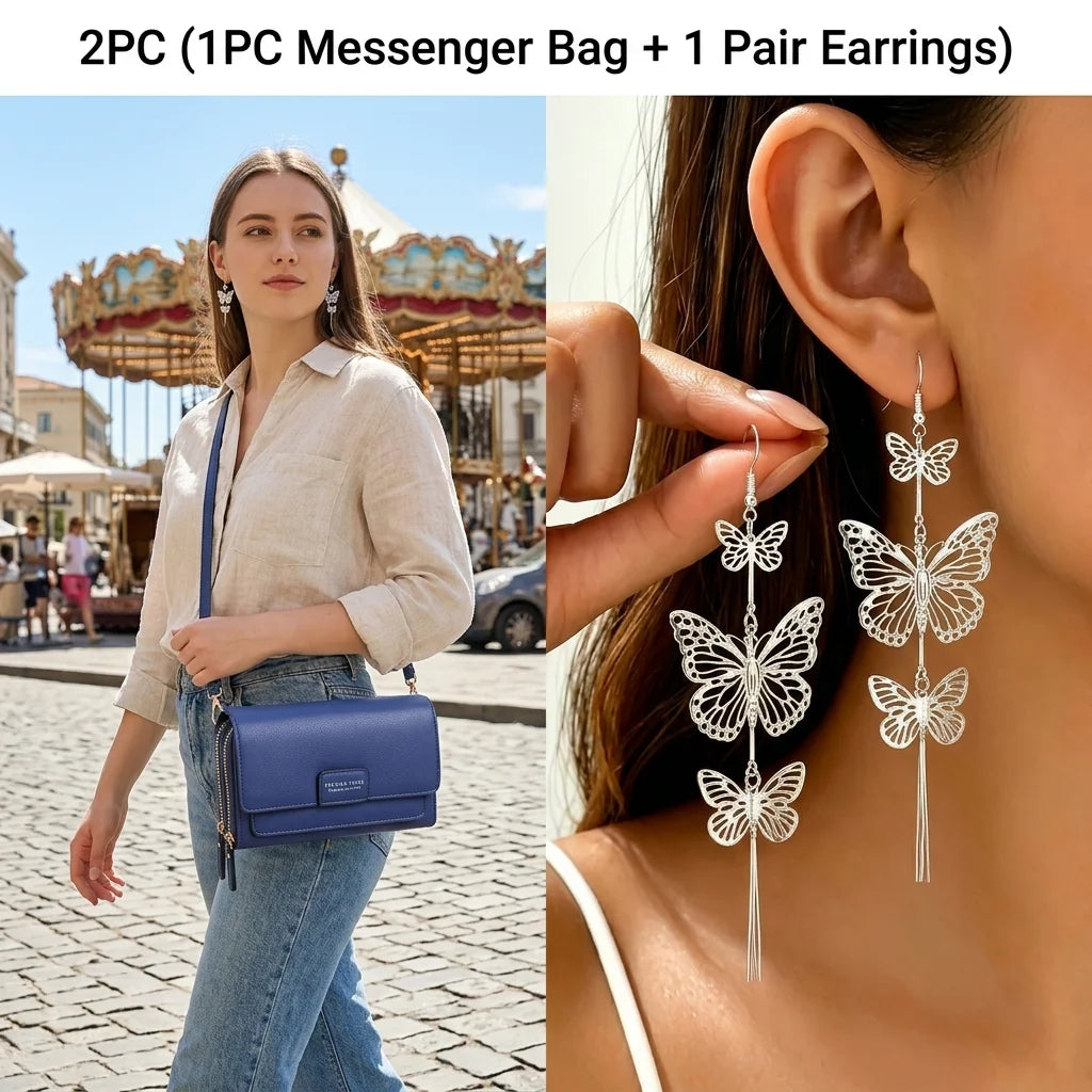 Elegant Women Crossbody Bag With Butterfly Drop Earrings