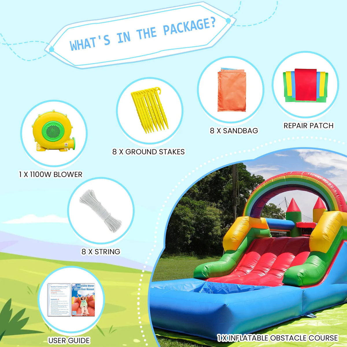 24FT PVC Commercial Inflatable Obstacle Bounce House, Suitable For Children And Adults, 1100w Blower, Dual Racing Slides, Crawli