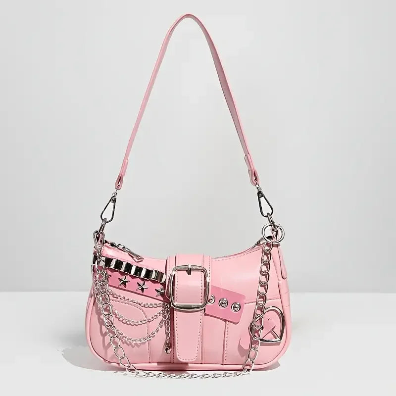 Punk Chain Rivet Underarm Shoulder Crossbody Handbag for Women