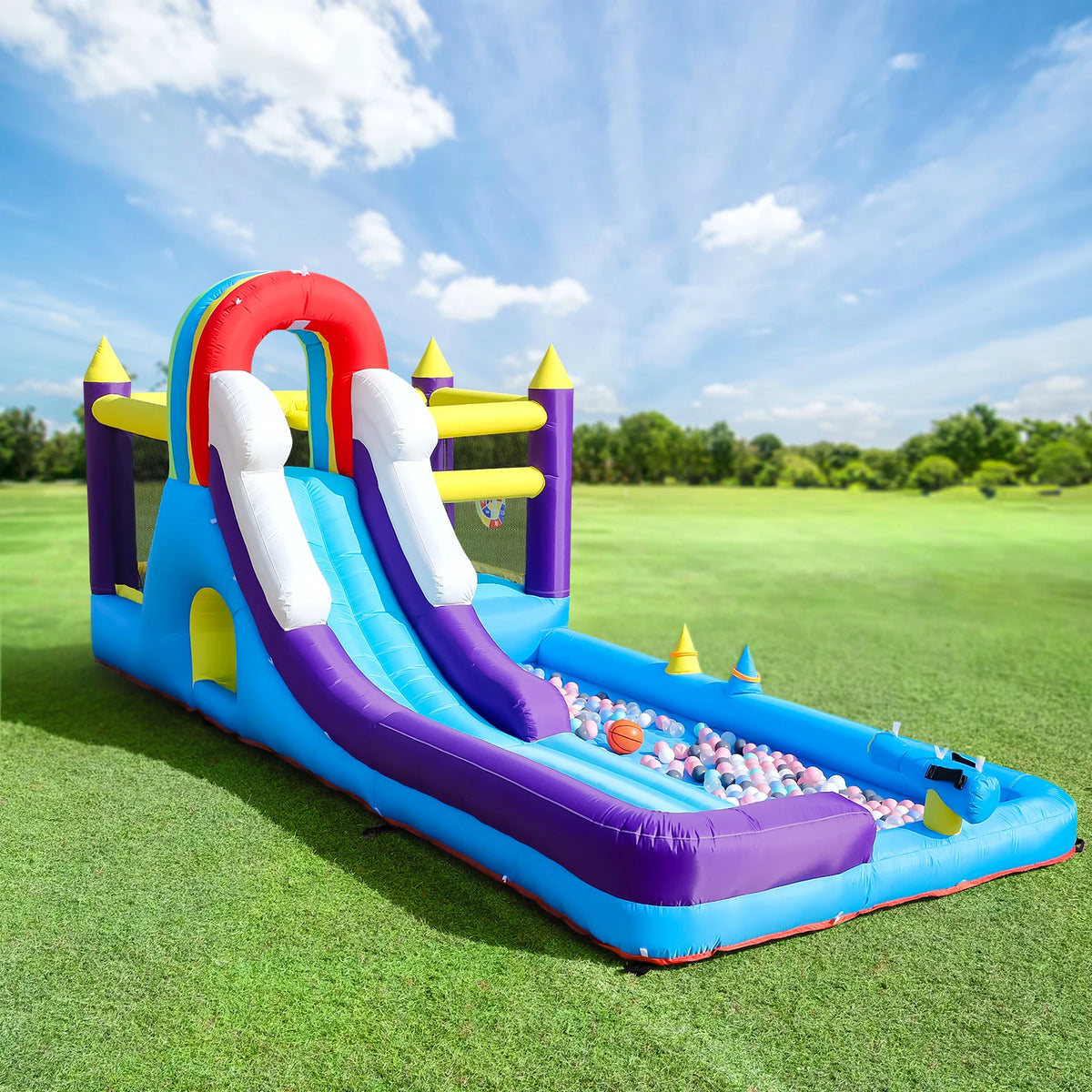 23FT Inflatable Water Slide with Splash Pool, Outdoor Water Park Slide, Heavy Duty Bounce House with Climbing Wall & Water Spray for Summer Party Family Fun