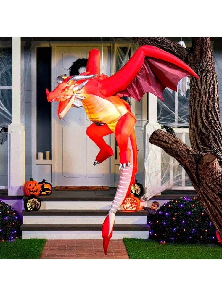 5 FT Tall Hanging Fire Dragon Halloween Inflatable Decor with Build-in LEDs Inflatable Blow Up Flying Dragon with Light for Halloween Party Indoor Outdoor Yard Garden Lawn Decorations
