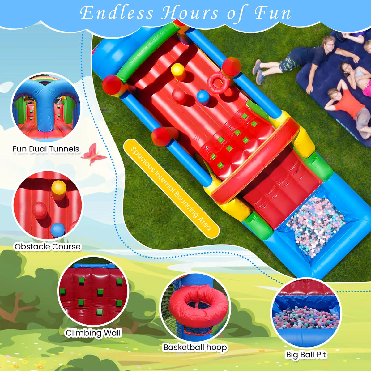 24FT PVC Commercial Inflatable Obstacle Bounce House, Suitable For Children And Adults, 1100w Blower, Dual Racing Slides, Crawli