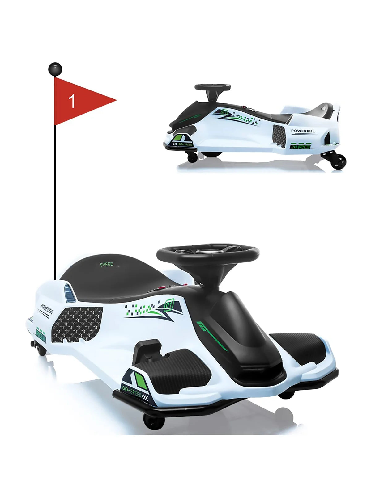 24V Kids Electric Drift Go Kart Ride-On - 180W Brushless Motor, 7Ah Battery, High/Low Adjustable Speed, 5 Wheels, LED Lights, Music, Low Battery Alarm