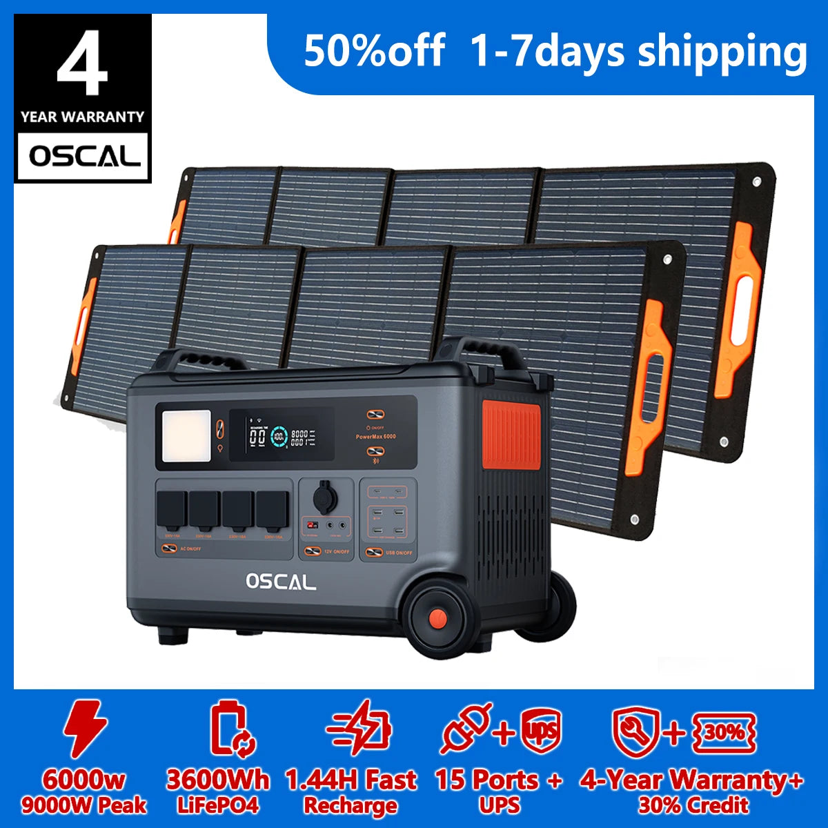 OSCAL PowerMax 6000 Solar Generator With LiFePO4 Battery Station