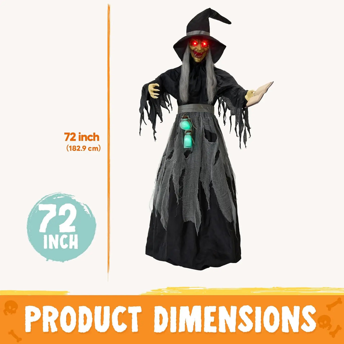 72" Halloween Decorations Outdoor Life-Size Scary Animated Witch with Spellbook, Halloween Animatronic Witch Decor with Sound Activation, Scary Haunted House Props for Garden Yard Lawn