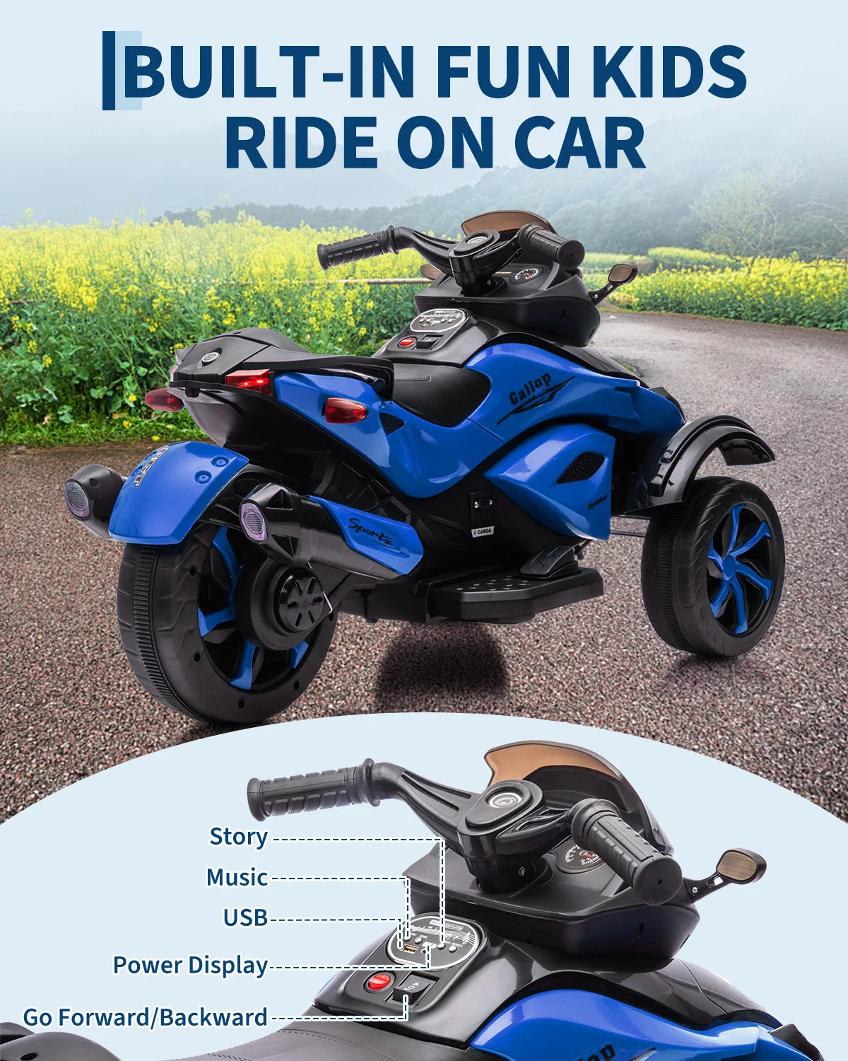 12V Kids Ride-On ATV 3-Wheel Electric Motorcycle - Battery Powered Ride-On Toy - LED Lights & Music - Treaded Tires for Outdoor Off-Road - Ages 3-8
