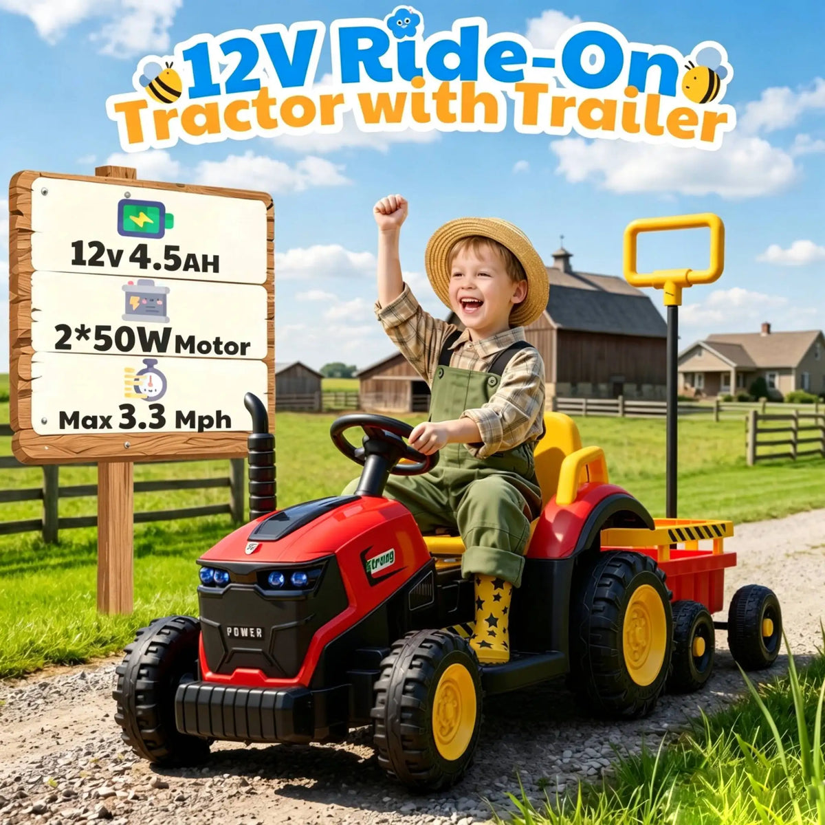 12V Kids Electric Ride On Tractor With Removable Trailer, Remote Control & Manual Drive 2 Modes, Bluetooth Music LED Light, Children Farm Ride‑on Car Toy Holiday Gift for Kids Boys Girls