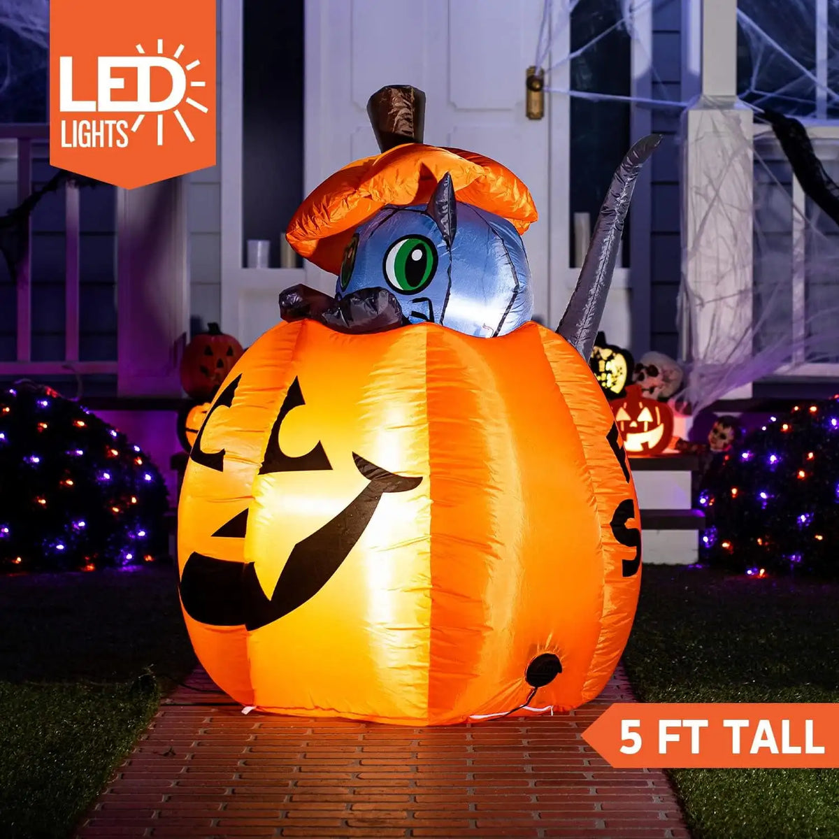 5 FT Tall Animated Kitty Cat Halloween Inflatable On Pumpkin Outdoor Decoration for Halloween Blow Up Yard Lawn Inflatables Gift