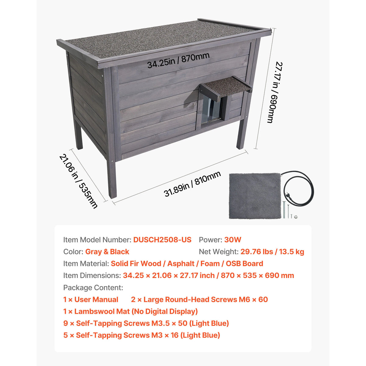 SucceBuy Heated Outdoor Wooden Cat House With Heating Pad