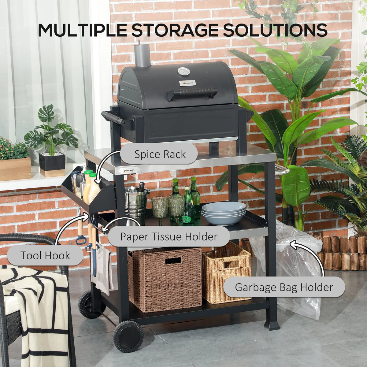 Outsunny 3 Shelf Stainless Steel Outdoor Grill Cart With Wheels