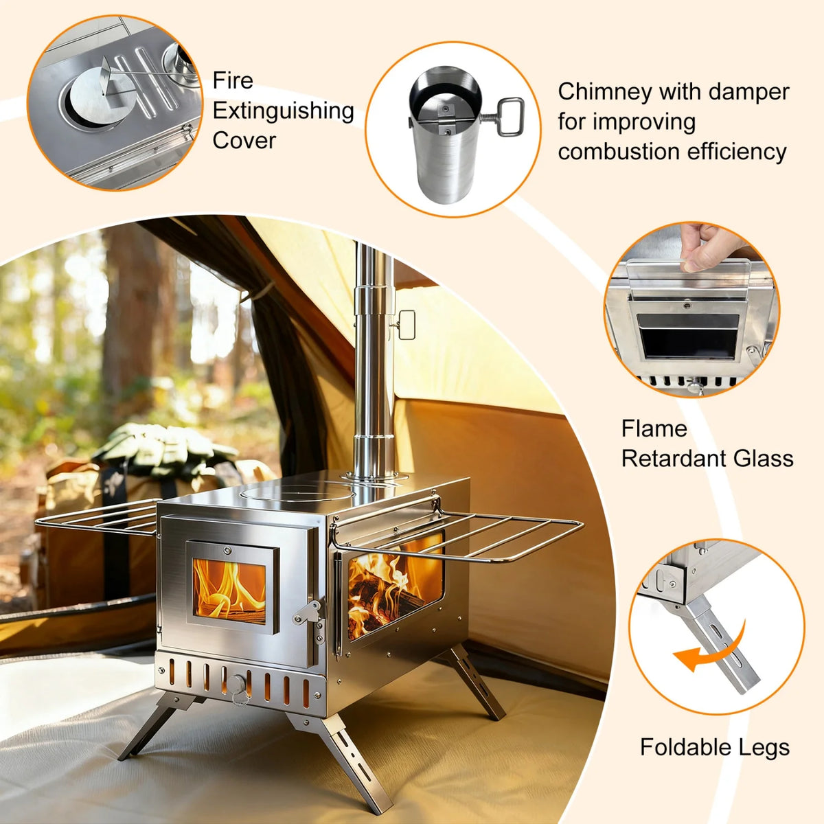 Portable Stainless Steel Stove with 7 Chimney Pipes for Camping