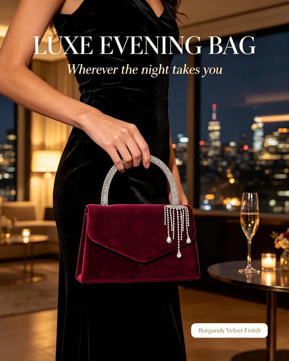 Velvet Envelope Clutch With Rhinestone Tassel And Crossbody Chain