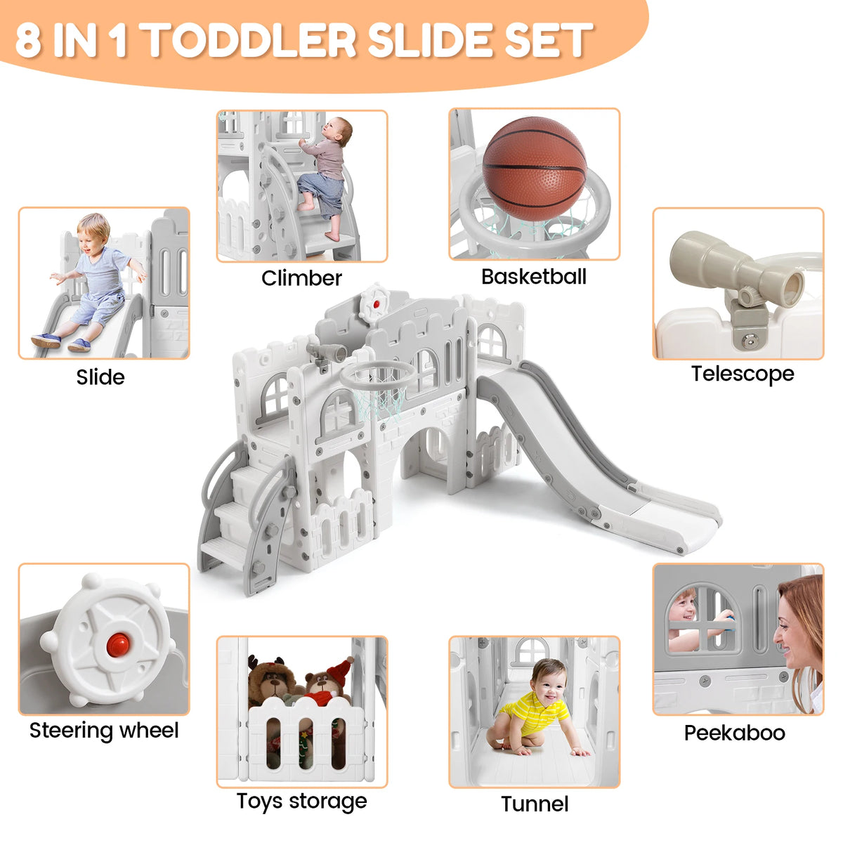 8 in 1 Toddler Slide Indoor Playground, Indoor Slide Toddler Playset for Toddlers Kids Outdoor Playground with Basketball Hoop,