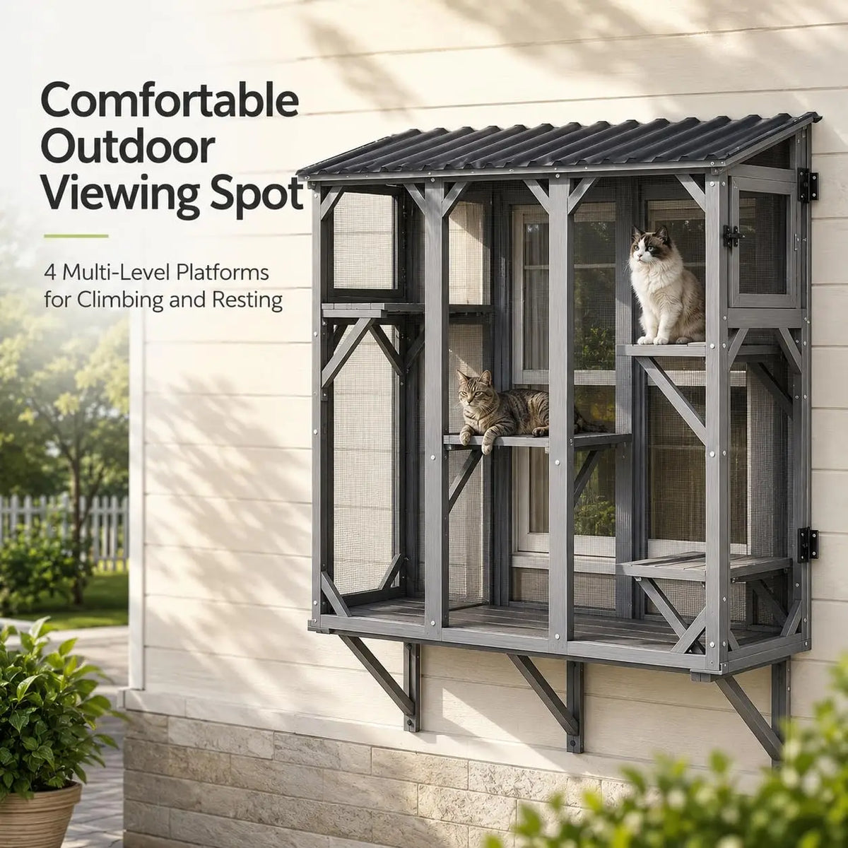 HiMISS Wooden Window Cat Enclosure With Durable Steel Mesh Roof