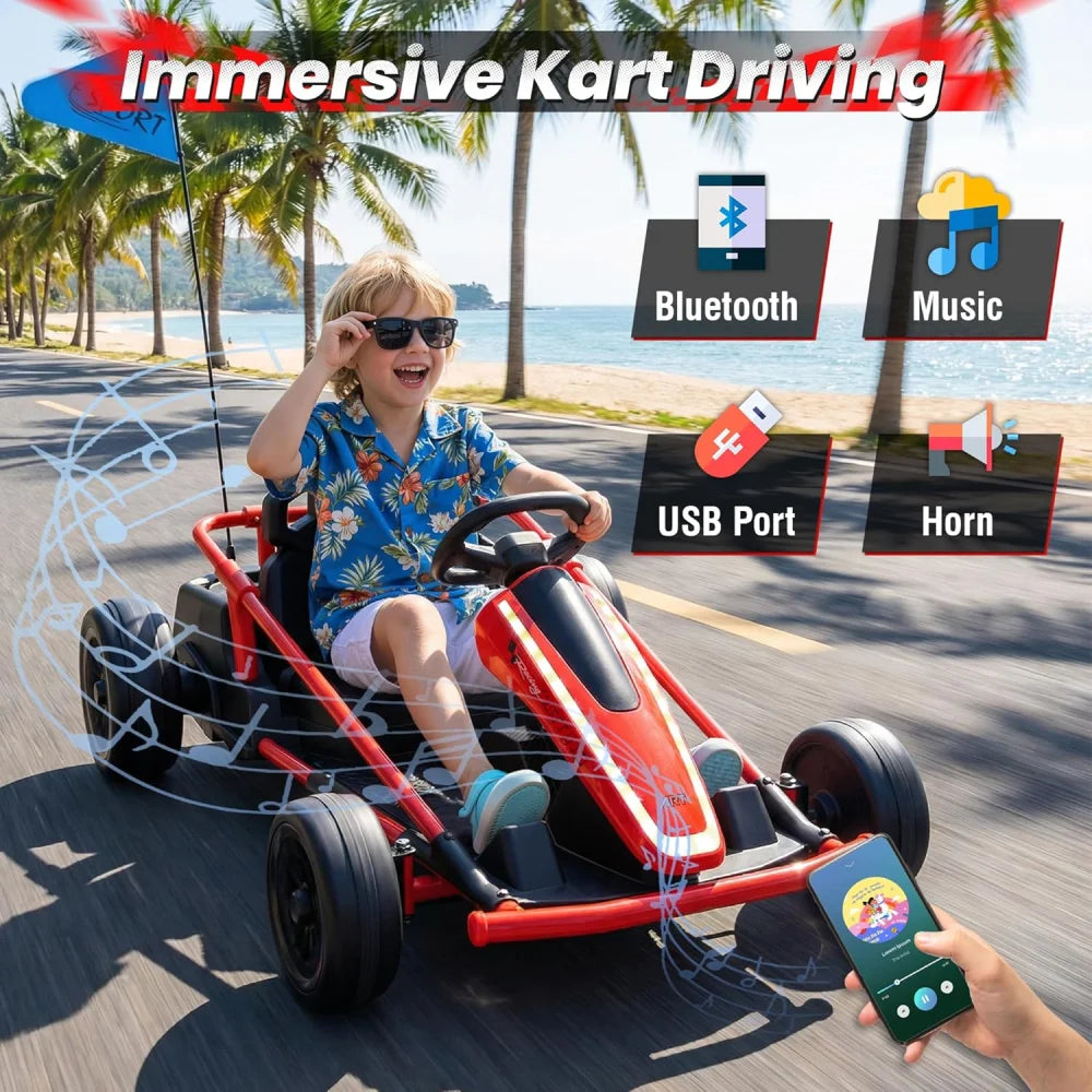 24V Kids Electric Go Kart Dual Motor Ride On Car with Remote Control, 5-10MPH 3 Speed Drift Kart for Kids, Bluetooth Music LED Lights, Max Load 135Lbs Outdoor Ride On Toy Vehicle Gift