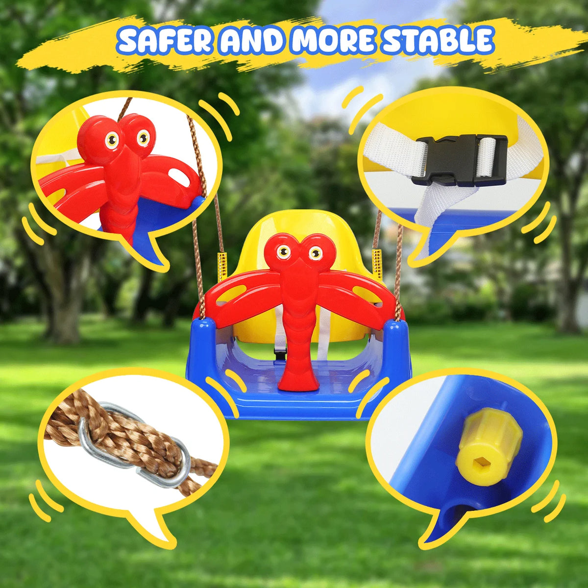 Baby Swing Seat 3‑in‑1 Toddler Swing with Dragonfly Safety Guard, Outdoor Indoor Kids Swing for Backyard Playground