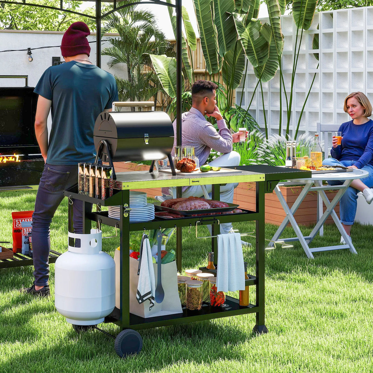 Outsunny Stainless Steel Outdoor Grill Cart With Three Utility Shelves