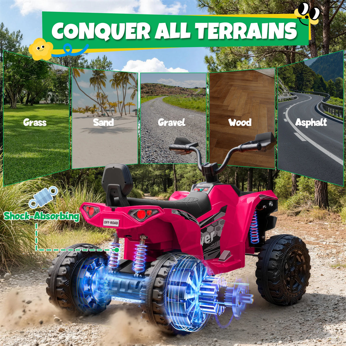 24V 4*200W Kids Ride On ATV Quad, 2 Seater Electric Off-Road Vehicle with Bluetooth, LED Lights, 3 Speeds, for Boys Girls