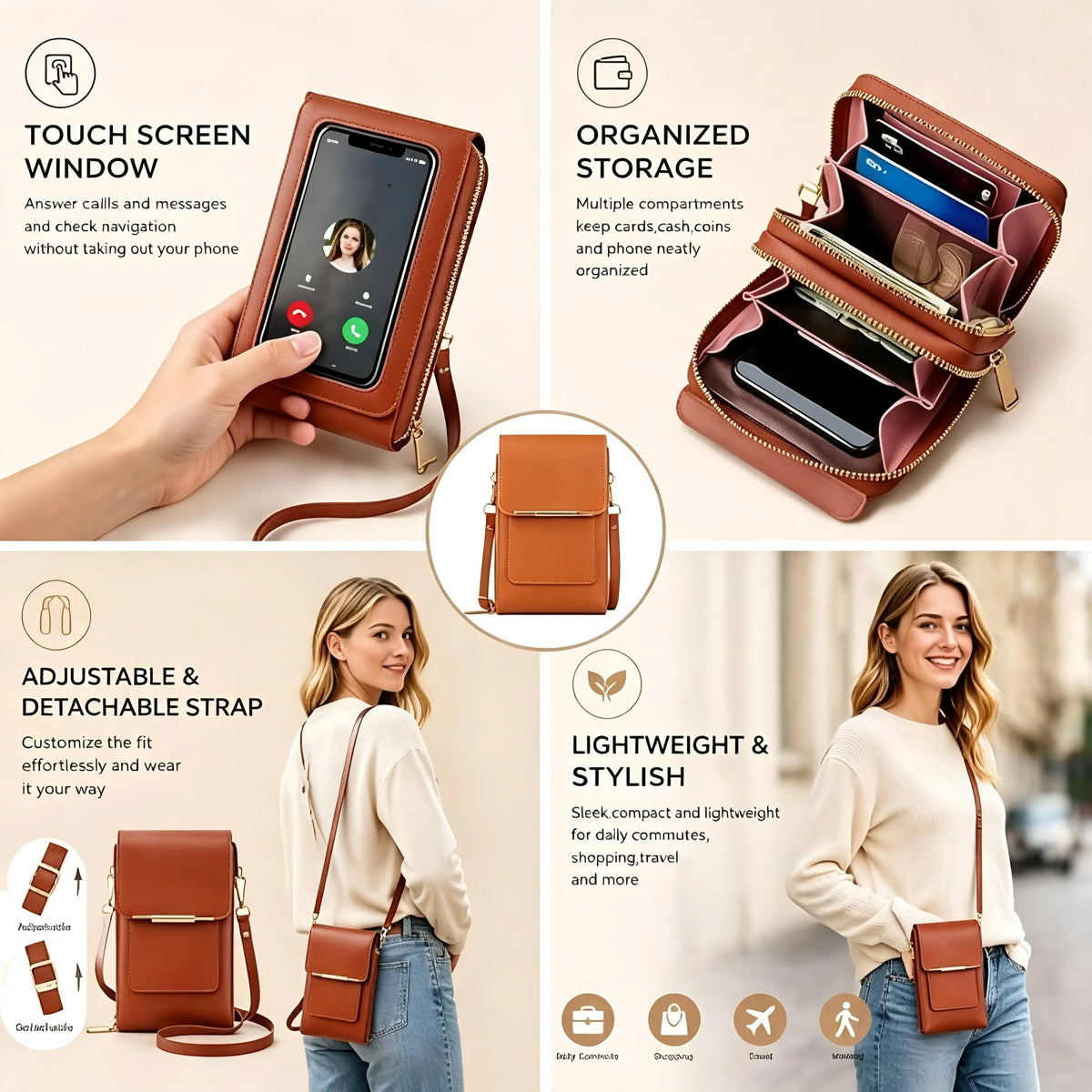 Touch Screen Cell Phone Crossbody Purse With Soft Leather Finish