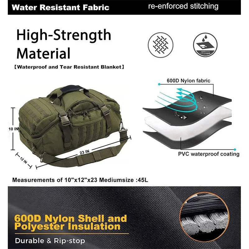 LQARMY Waterproof 3 Way Duffel Bag Large Capacity Travel Tote