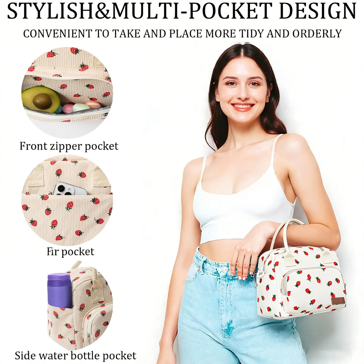 Strawberry Print Corduroy Insulated Lunch Bag With Shoulder Strap