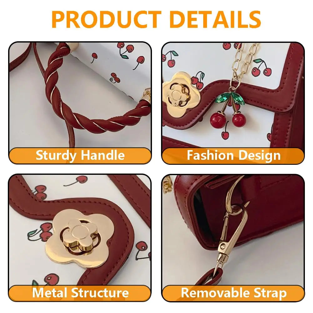 Women Cherry Print Crossbody Bag With Twist Handle Lock