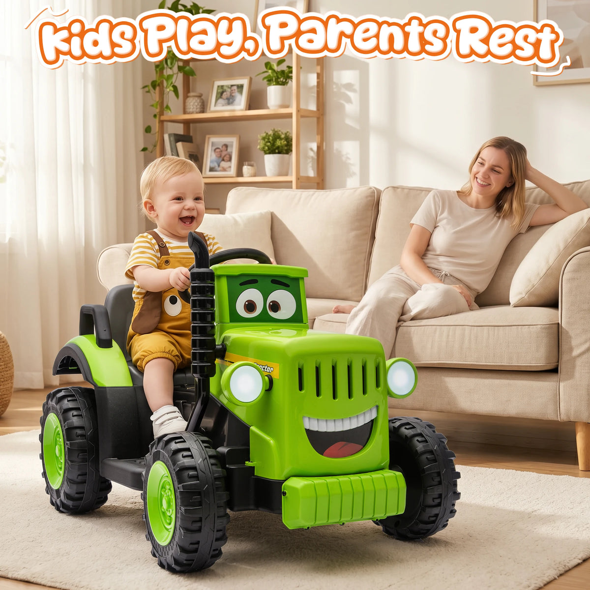 12 Volt Ride on Toys, Cute Ride On Tractor for Toddlers, Power Car Wheels with LED Lights, Music, Horn, Safety Belt