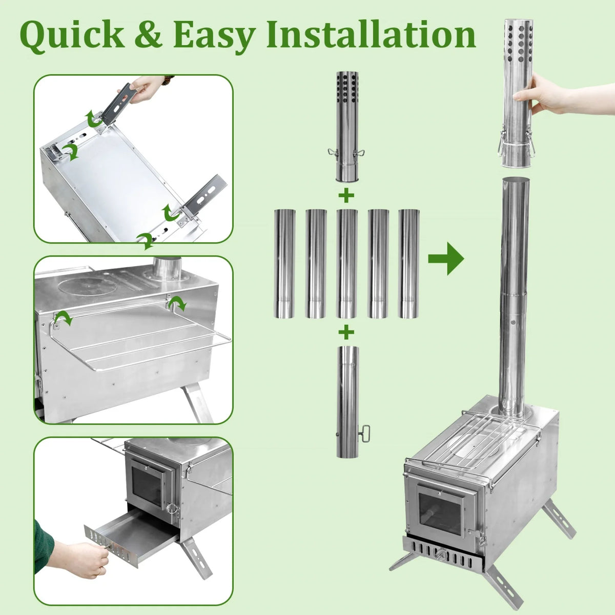 Portable Stainless Steel Wood Heating and Cooking Camp Stove