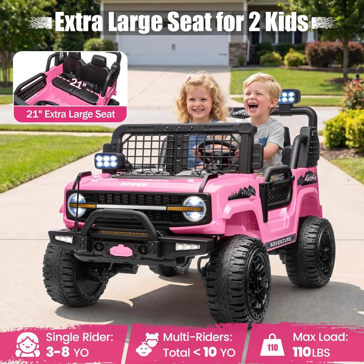 24V 2 Seater Kids Ride On Truck Off-Road Electric Vehicle with Parent Remote Control, 2-5MPH Ride On Car with Bluetooth Music LED Lights Shock Absorbers, Max Load 110Lbs Kids Toy Gift for Girls Boys